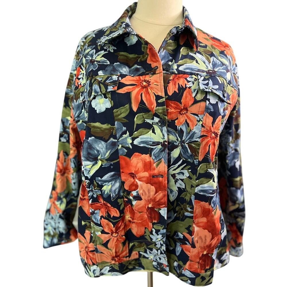 Drapers & Damons Jacket 3X Plus Navy Floral Denim Long‎ Sleeve Button Up Preppy